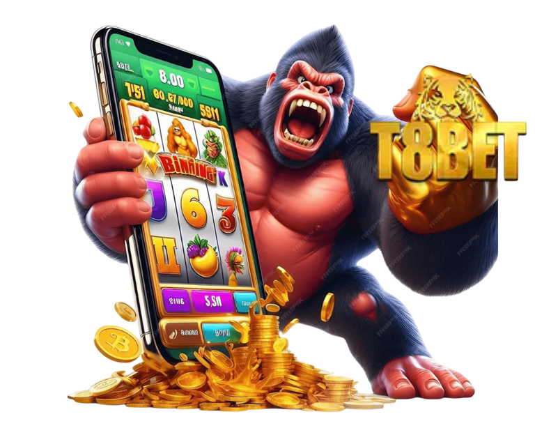 T8BET เกมสล็อตออนไลน์ ภาพกอริลลาถือมือถือแสดงเกมสล็อต พร้อมเหรียญทองและโบนัสแตกง่าย เล่นสนุกได้ตลอด 24 ชั่วโมง